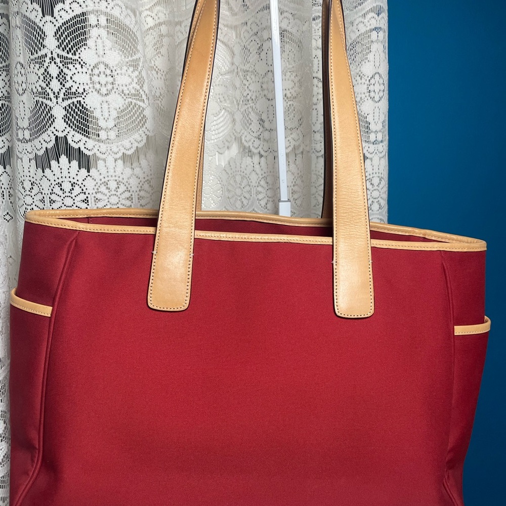 Coach Hamptons Red Canvas Vacchetta Tan Leather Trim/ Tote or Baby Tote - Picture 17 of 17